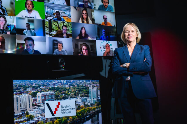 Wendy Colby, BU's first vice president and associate provost for BU Virtual, poses for a photo in a Questrom online studio. Photo by Jackie Ricciardi for Boston University.