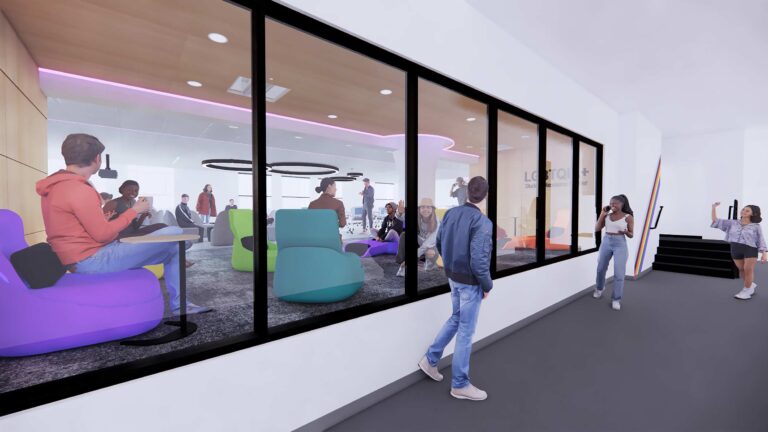 A digital rendering of the forthcoming LGBTQIA+ Student Resource Center that will be part of the Howard Thurman Center for Common Ground. The space has a minimalist, white appearance with a collection of students on both sides of a glass interior window.