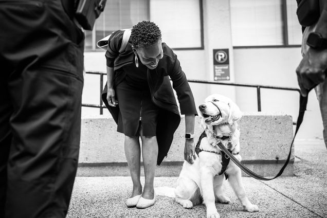 President Melissa Gilliam petting Bean, the BUPD comfort dog