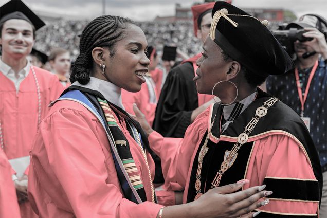 President Melissa Gilliam congratulating a graduating female student at Commencement
